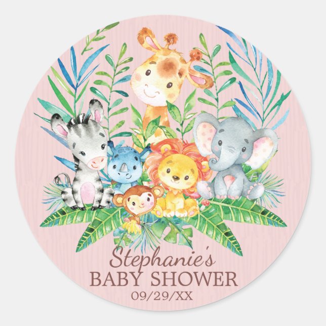 Safari Jungle Animals Baby Shower Favour Sticker (Front)