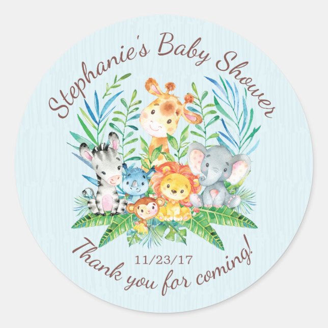 Safari Jungle Animals Baby Shower Favour Sticker (Front)