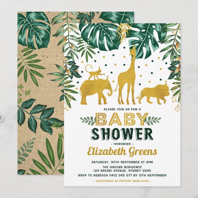 Safari Jungle Animals Baby Shower Tropical Leaves Invitation (Front/Back)