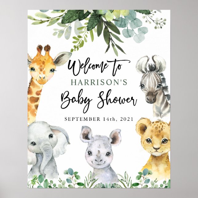  Safari Jungle Animals Baby Shower Welcome Sign (Front)