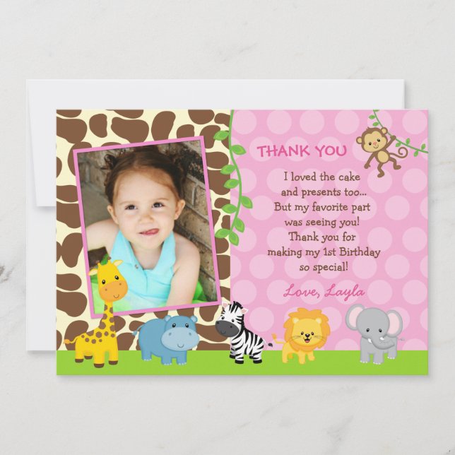 Safari Jungle Animals Birthday Thank You Note Card (Front)