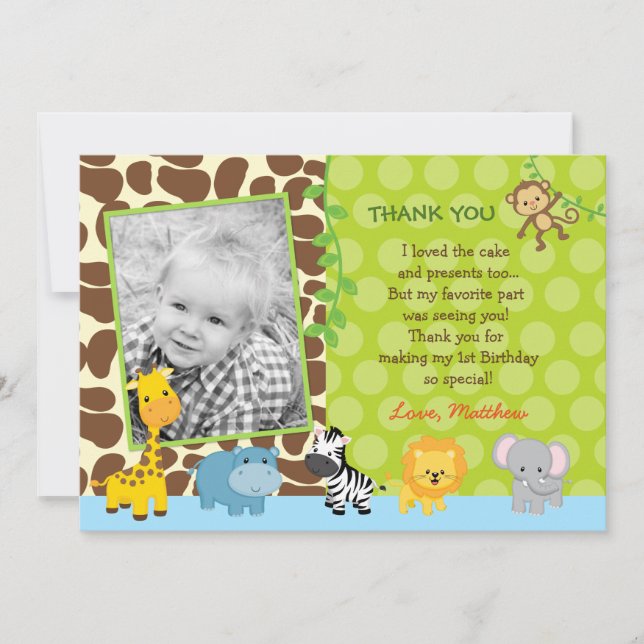 Safari Jungle Animals Birthday Thank You Note Card (Front)
