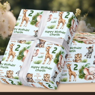 Safari Jungle Animals Blue Green 2nd Birthday Name Wrapping Paper