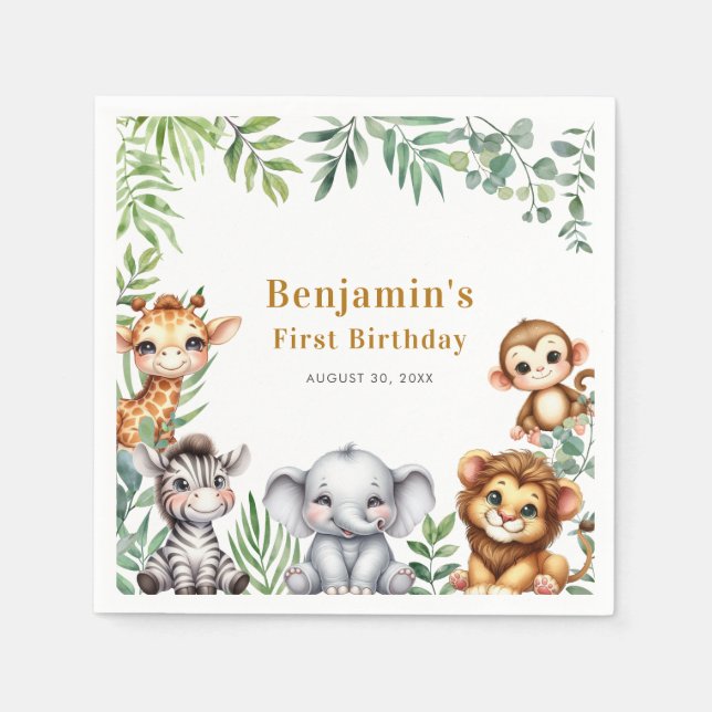 Safari Jungle Animals Boy 1st Birthday Napkin (Front)