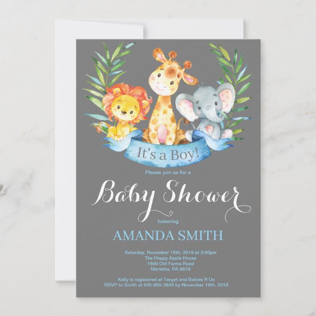 Safari Jungle Animals Boy Baby Shower Invitation (Front)