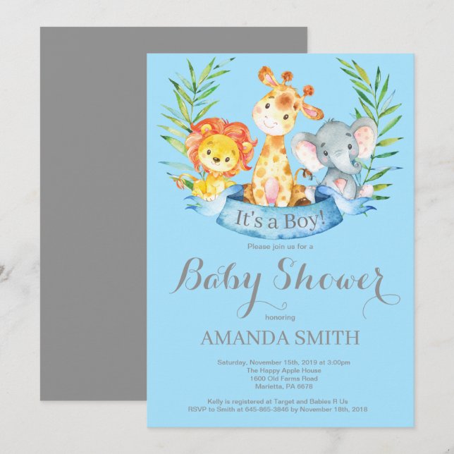 Safari Jungle Animals Boy Baby Shower Invitation (Front/Back)