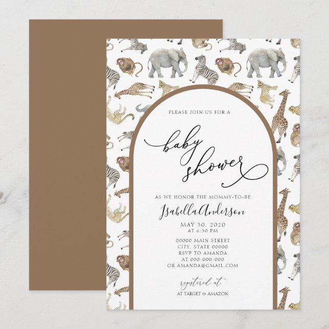 Safari Jungle Animals Brown Arch Baby Shower Invitation (Front/Back)