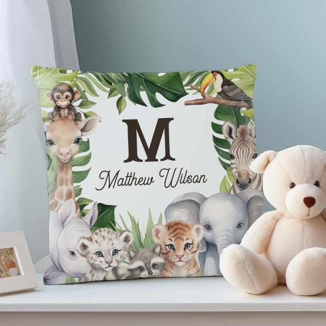 Safari jungle animals cute baby boy name nursery cushion (Safari Animals themed, new baby names and monogram.)