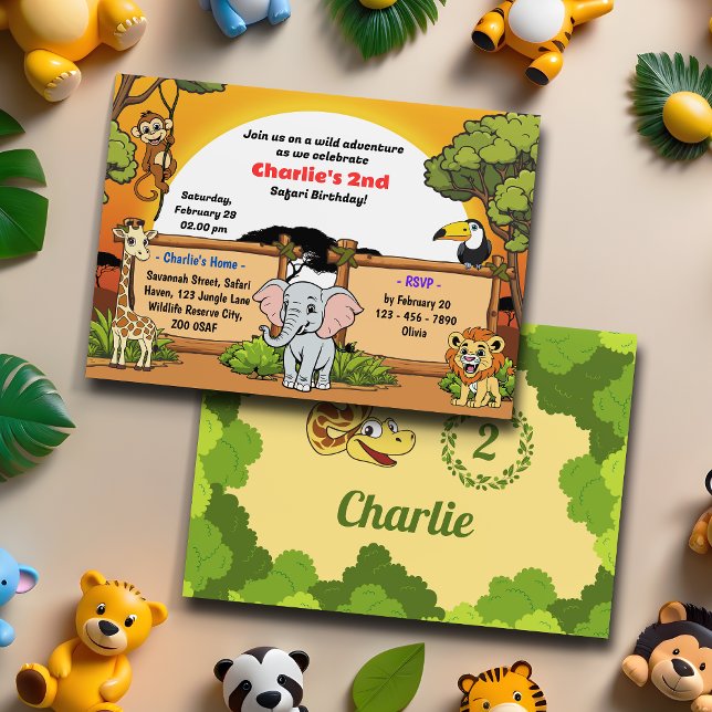 Safari Jungle Animals Cute Cartoon Birthday Party Invitation (Creator Uploaded)