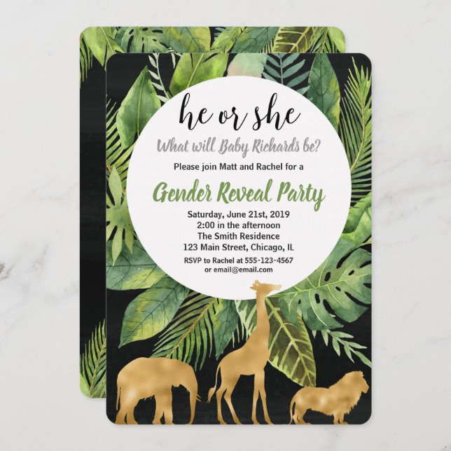 Safari jungle animals gender reveal invitation (Front/Back)