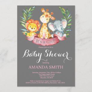 Safari Jungle Animals Girl Baby Shower Invitation