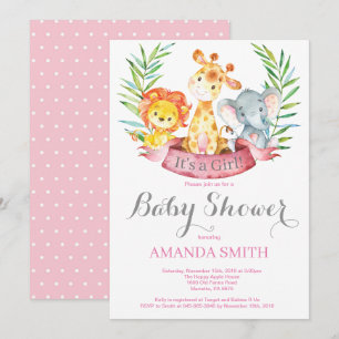 Safari Jungle Animals Girl Baby Shower Invitation