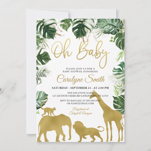 Safari Jungle Animals Gold Baby Shower Invitation (Front)