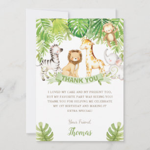 Safari Jungle Animals Green Forest Birthday Baby   Thank You Card