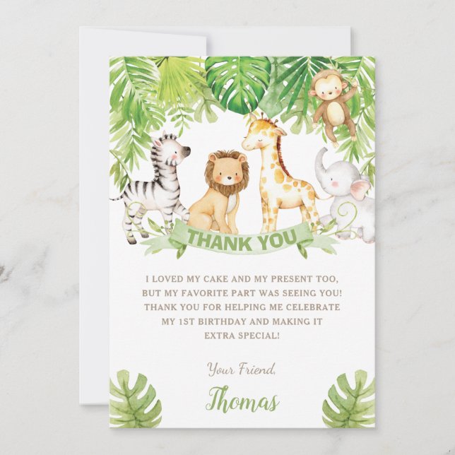 Safari Jungle Animals Green Forest Birthday Baby   Thank You Card (Front)