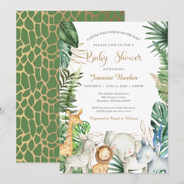 Safari Jungle Animals - Green Gold Baby Shower Invitation (Front/Back)