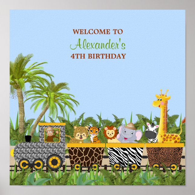 Safari Jungle Animals in Train Birthday Poster (Front)