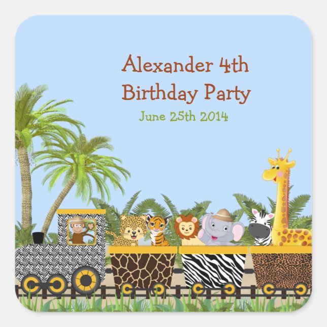 Safari Jungle Animals in Train Birthday Sticker (Front)
