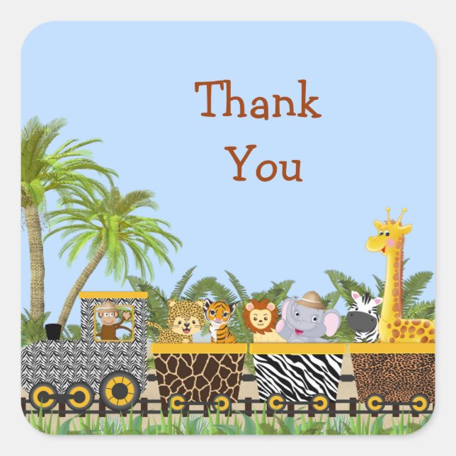 Safari Jungle Animals in Train Thank You Sticker (Front)