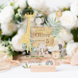 Safari Jungle Animals Neutral Kids Birthday Acrylic Invitations
