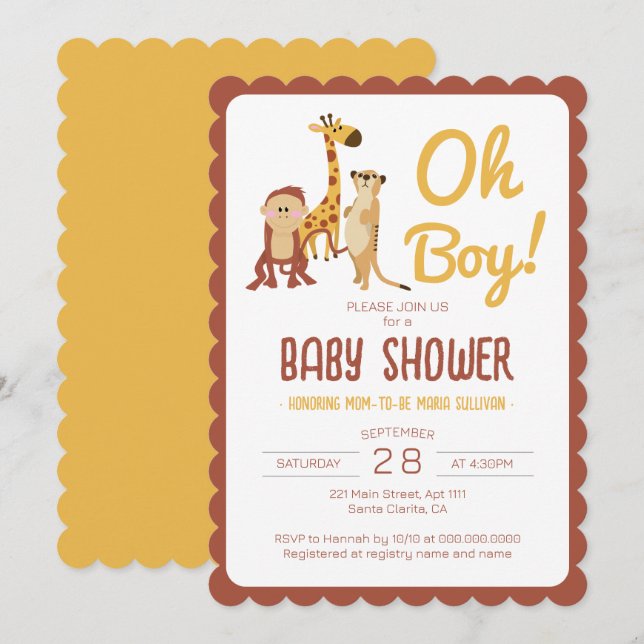 Safari Jungle Animals Oh Boy Baby Shower Invitation (Front/Back)