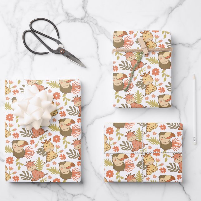 Safari Jungle Animals Pattern Wrapping Paper Sheet (Front)