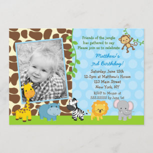 Safari Jungle  Animals Photo Birthday Invitations