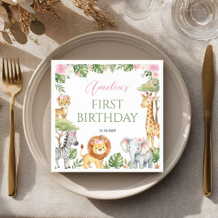 Safari Jungle Animals Pink Floral Girl Birthday Napkin