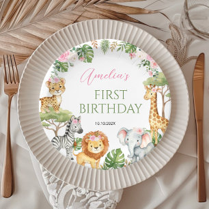 Safari Jungle Animals Pink Floral Girl Birthday Paper Plate