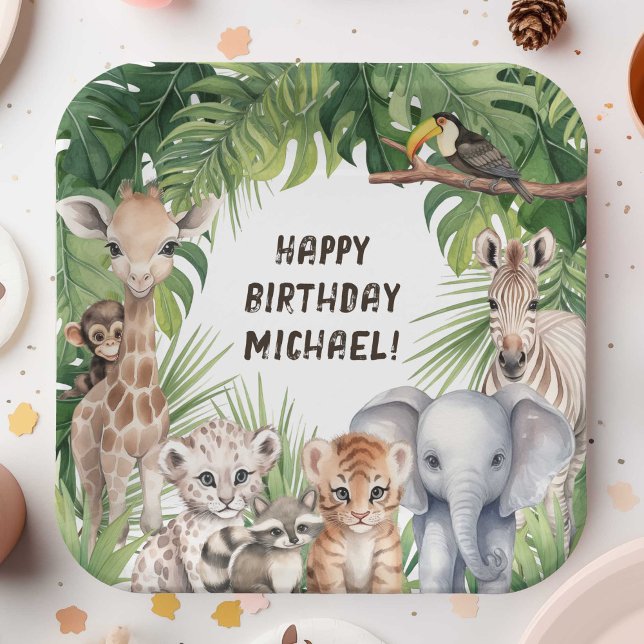 Safari Jungle Animals themed kids birthday Paper Plate (Two Wild Boy 2nd Birthday party paper plates, Safari Themed Jungle animals birthday plate.)