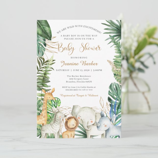 Safari Jungle Animals Wild Excitement Baby Shower Invitation (Standing Front)