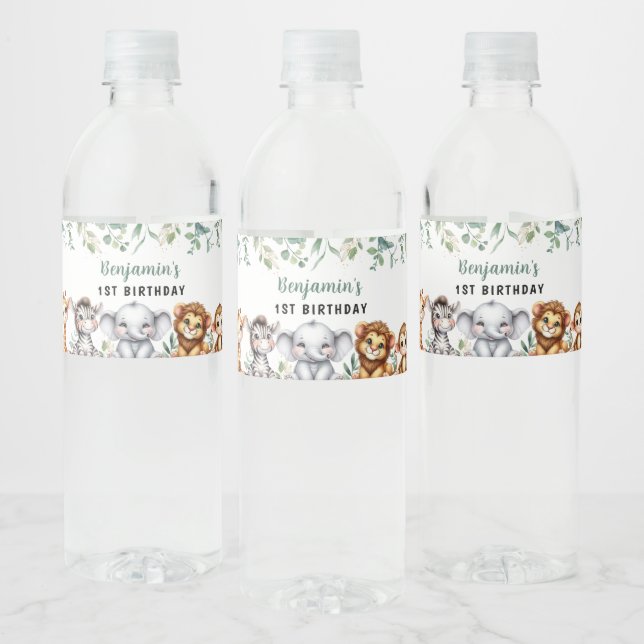 Safari Jungle Animals Wild One 1st Birthday Water Bottle Label (Bottles)