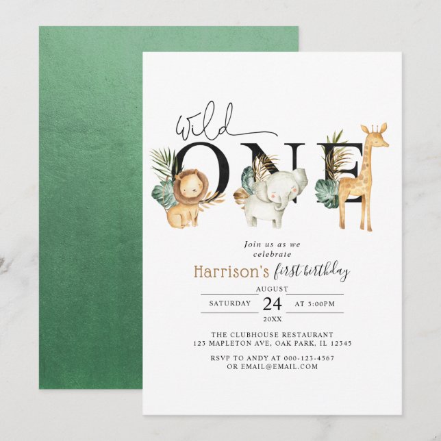 Safari Jungle Animals Wild One First Birthday Invitation (Front/Back)