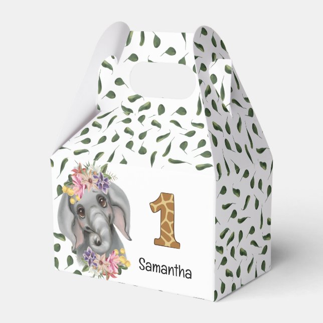 Safari jungle baby elephant watercolor floral  favour box (Front Side)
