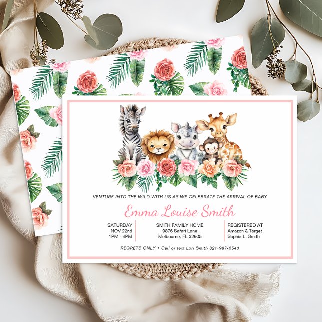 Safari Jungle Baby Girl Shower Invitation (Baby Shower Invite)