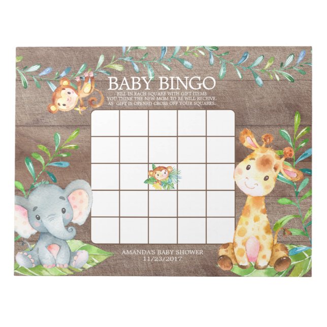 Safari Jungle Baby Shower Bingo Game Notepad (Front)