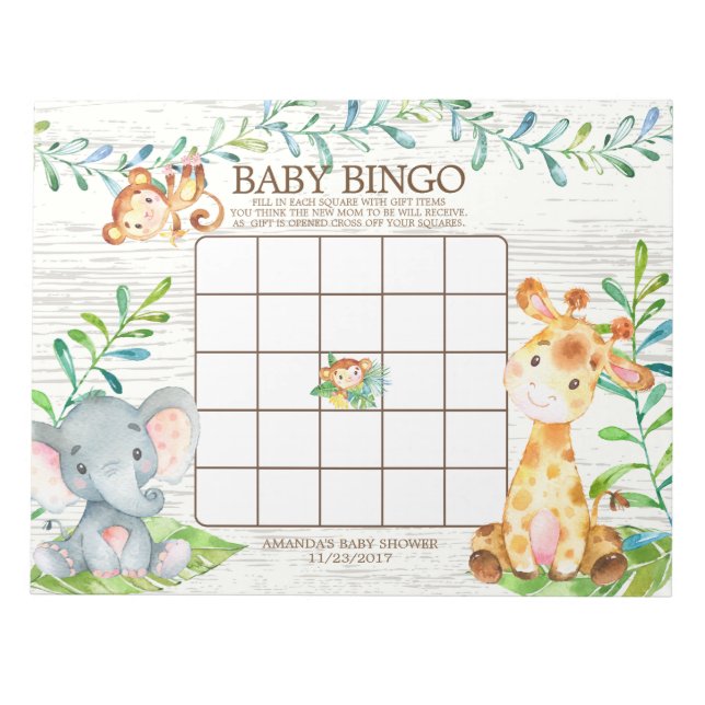 Safari Jungle Baby Shower Bingo Game Notepad (Front)