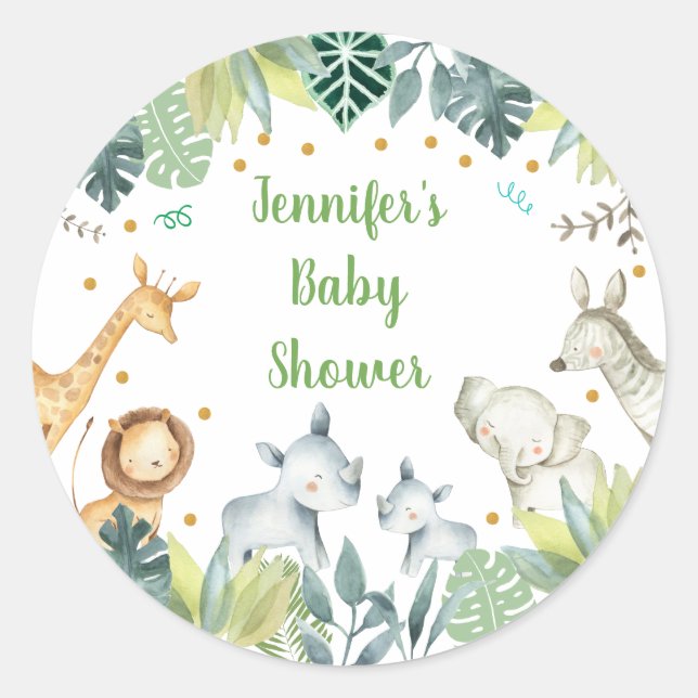 Safari Jungle Baby Shower Green & Gold Classic Round Sticker (Front)