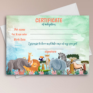 Safari jungle birthday animal adoption certificate invitation