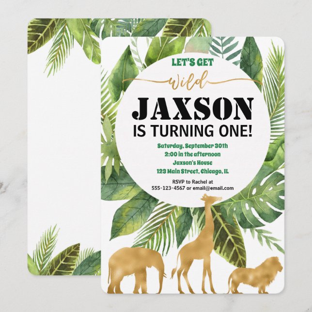 Safari jungle birthday invitation for boy wild one (Front/Back)