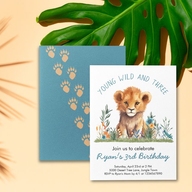 Safari Jungle Birthday Party Boys Invitation (Safari Jungle Baby Lion Orange Blue Flowers Animal Foot Print Young Wild Three Birthday Invitation)