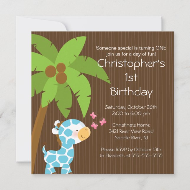 Safari Jungle Blue Giraffe Kid Birthday Party Invitation (Front)