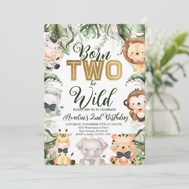 Safari Jungle Born Two Be Wild Birthday Party Invitation (Standing Front)