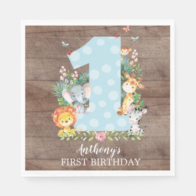 Safari Jungle Boys First Birthday Paper Napkins (Front)