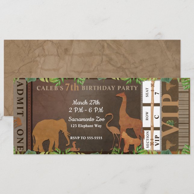 Safari Jungle Brown Animals Birthday Party Ticket Invitation (Front/Back)