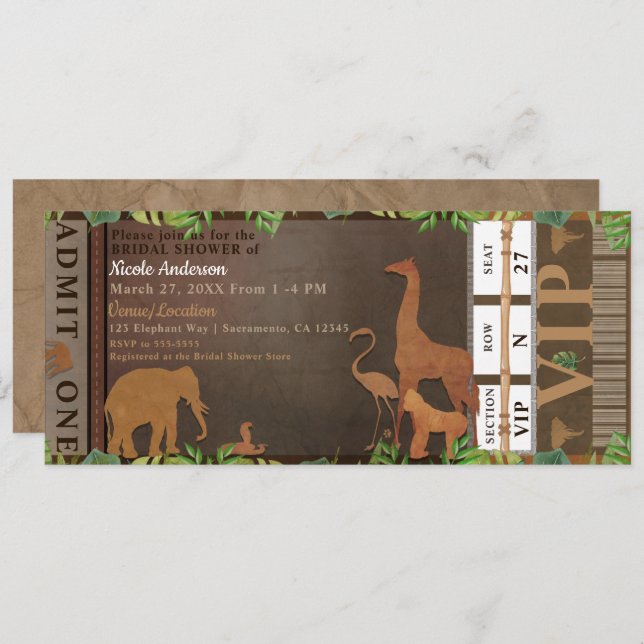 Safari Jungle Brown Animals Bridal Shower Ticket Invitation (Front/Back)