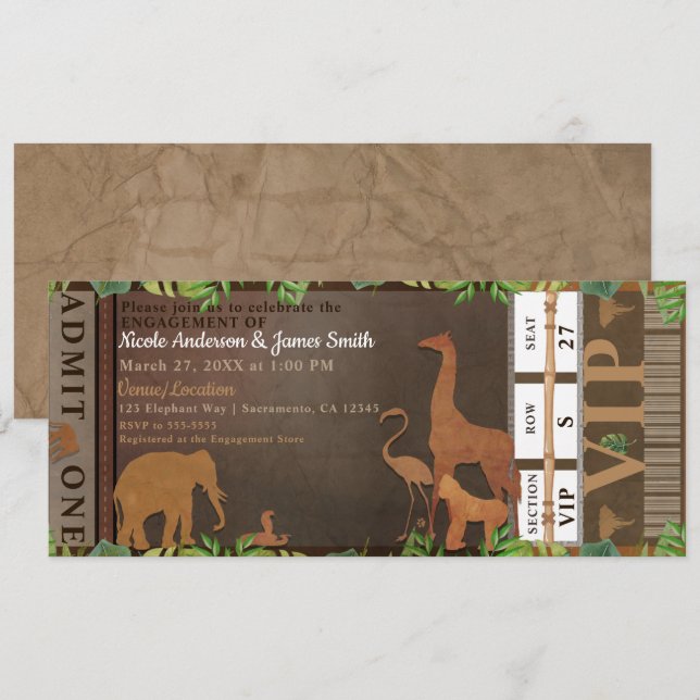 Safari Jungle Brown Animals Engagement Ticket Invitation (Front/Back)