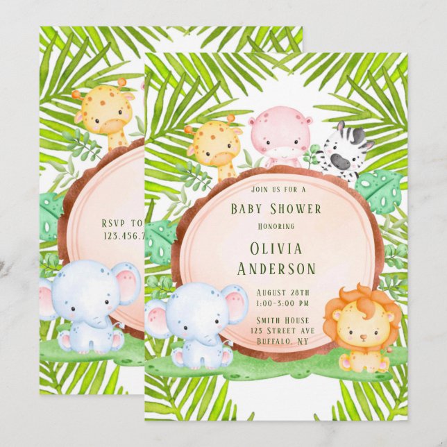 Safari Jungle Cartoon Animal Baby Shower  Invitation (Front/Back)