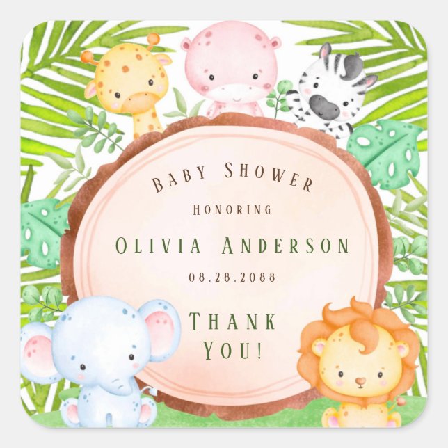Safari Jungle Cartoon Animals Baby Shower Square Sticker (Front)