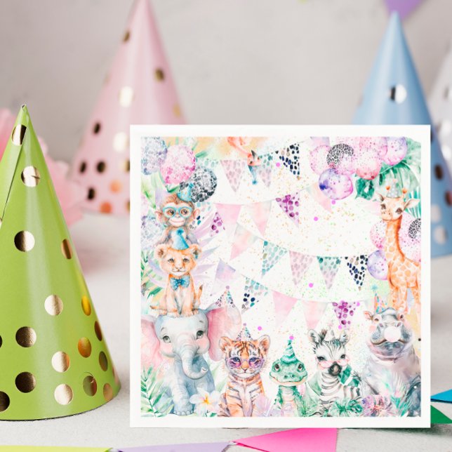 Safari Jungle Cute Animals Girl Birthday Napkin (Creator Uploaded)